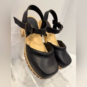 🖤 MIA Black Leather Wooden Platform Clogs Size 8 | Swedish Style | Like New
